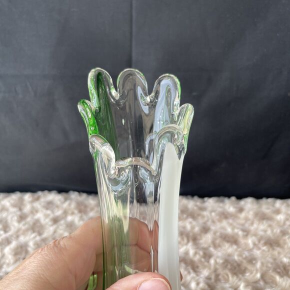 Vintage Swung Glass Finger Vase Clear White Green Ribbed 9” Handblown - Picture 6 of 8
